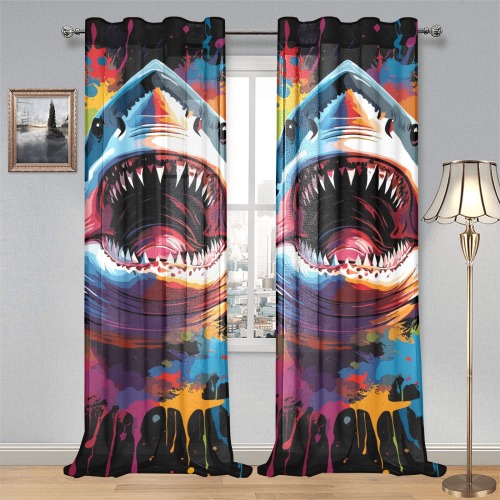 Shark attacks. Chic colorful fantasy art on dark Gauze Curtain 28"x95" (Two-Piece)