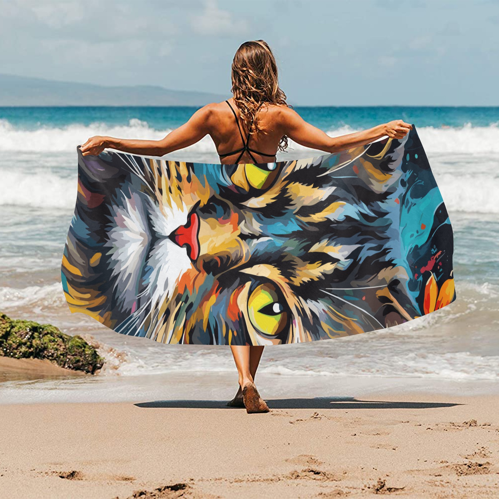 Beautiful Norwegian forest cat colorful face art. Beach Towel 32"x 71"