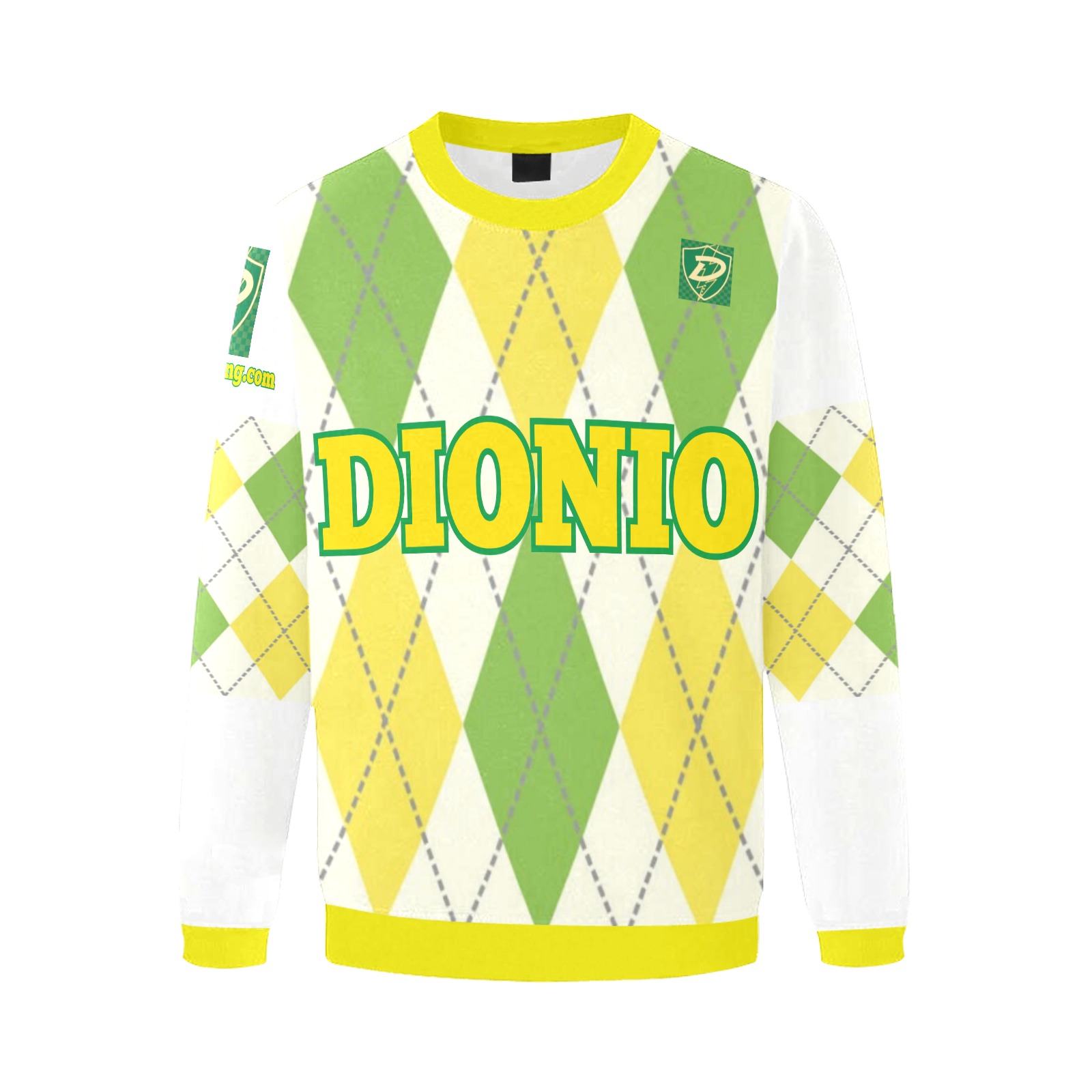 DIONIO Clothing - Argyle White ,Green & Yellow Diamond Sweatshirt (Green D-Shield Logo) Men's Oversized Fleece Crew Sweatshirt (Model H18)