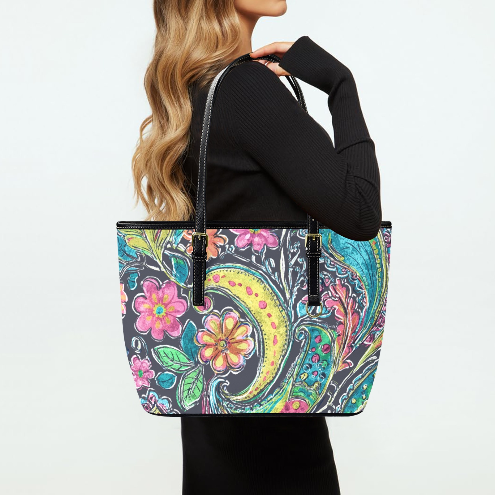 Paisley #1 Leather Tote Bag-Small (Front&Back Printing) (1651)