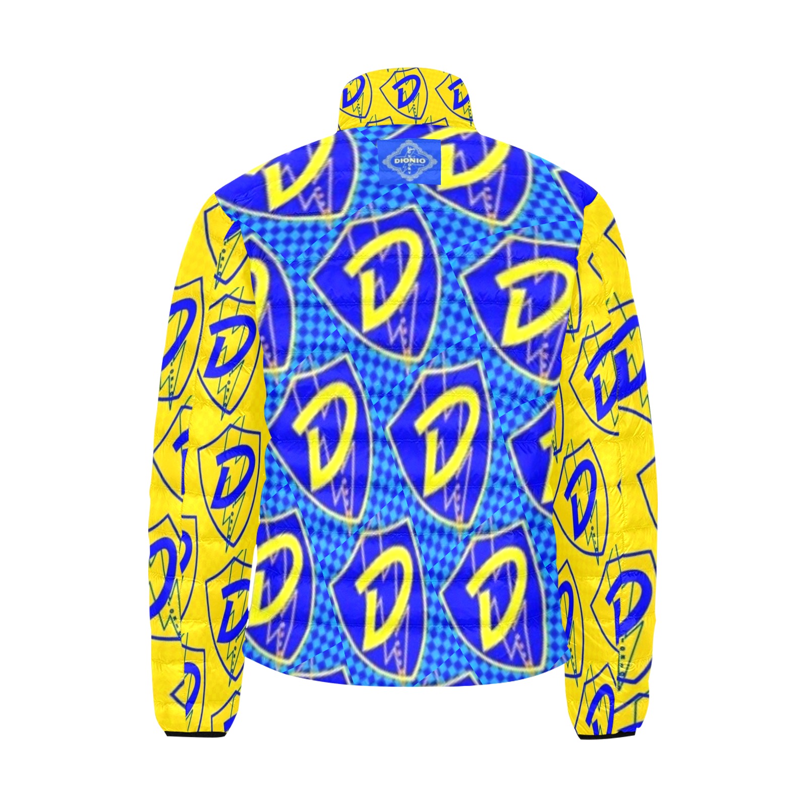 DIONIO Clothing - Blue & Yellow Shield Collab Padded Jacket (Blue Shield Logo Padded Jacket) Men's Stand Collar Padded Jacket (Model H41)