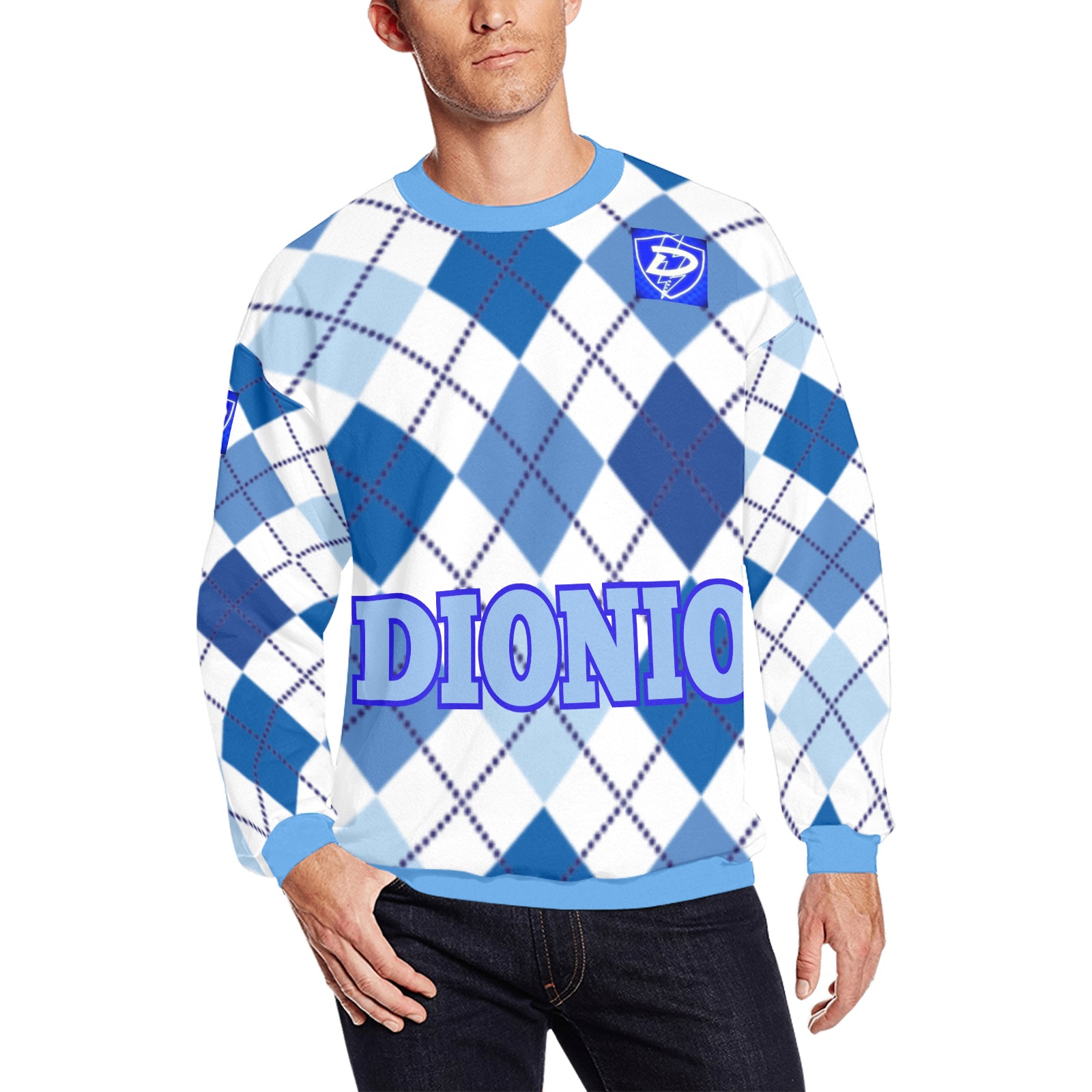 DIONIO Clothing - Men's Argyle Sweatshirt (Blue Diamond) Men's Oversized Fleece Crew Sweatshirt (Model H18)