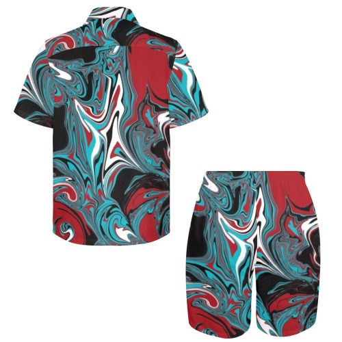 Dark Wave of Colors with White Buttons Men's Shirt and Shorts Outfit (Set26)