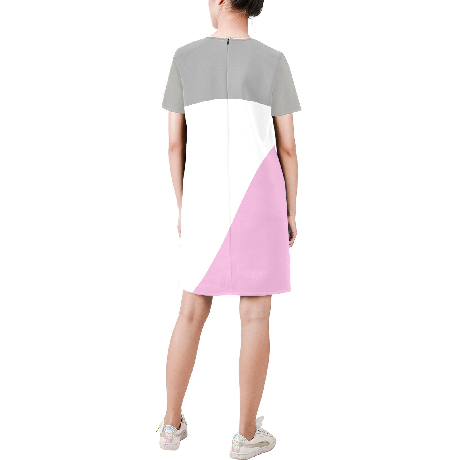 vestido tricolor pastel Short-Sleeve Round Neck A-Line Dress (Model D47)