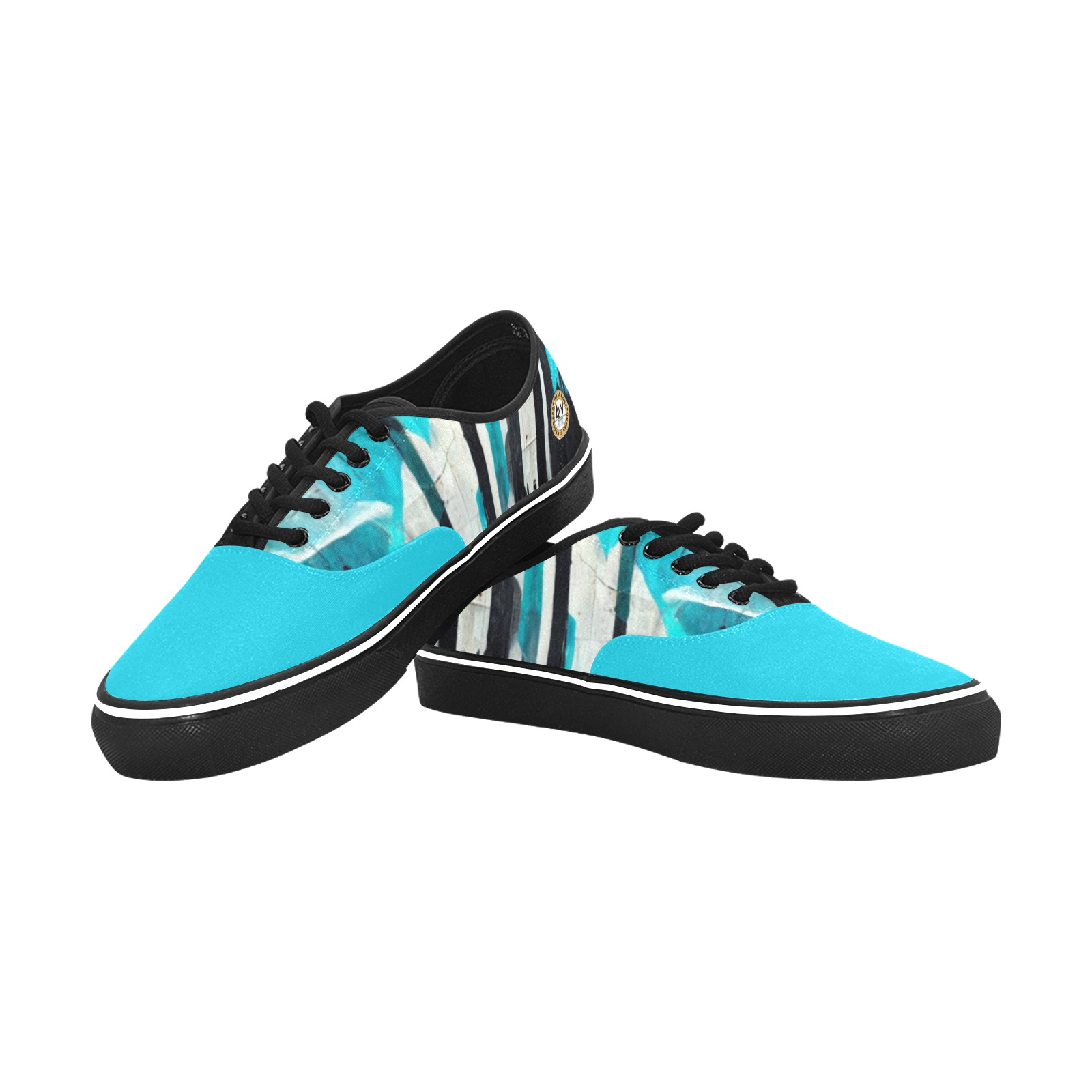 graffiti building's turquoise and black Classic Men's Canvas Low Top Shoes (Model E001-4)