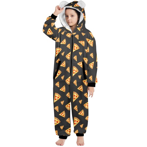 Cool and fun pizza slices dark gray pattern One-Piece Zip Up Hooded Pajamas for Big Kids