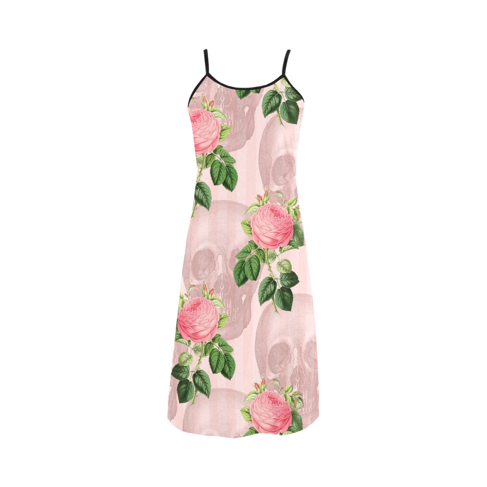 Pink Floral Skull Spaghetti Strap Dress Alcestis Slip Dress (Model D05)