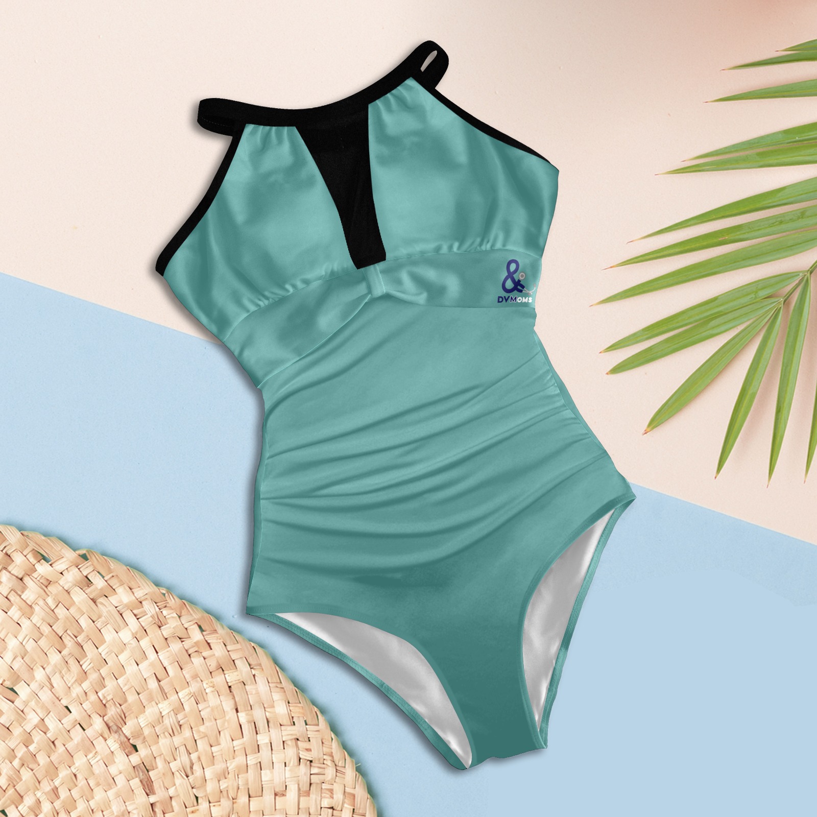 The suit darker teal logo on side Women's High Neck Plunge Mesh Ruched Swimsuit (S43)