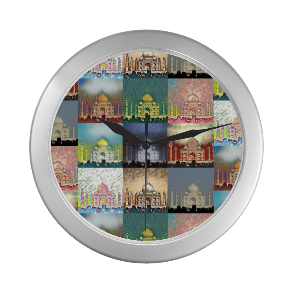 Taj Mahal, Agra, India Collage Silver Color Wall Clock