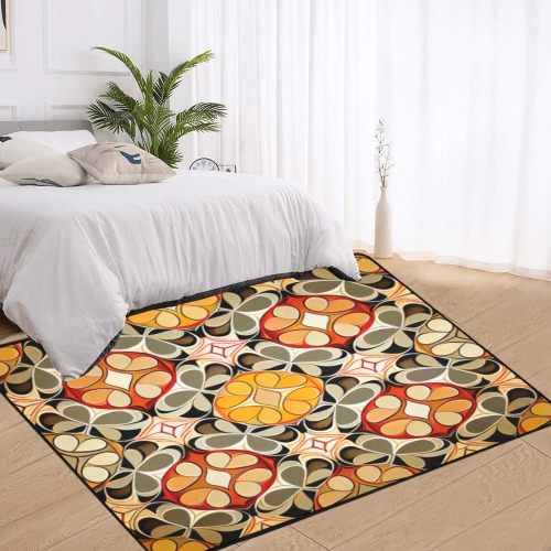 intricate pattern, yellow, orange, green and white Area Rug with Black Binding 7'x5'