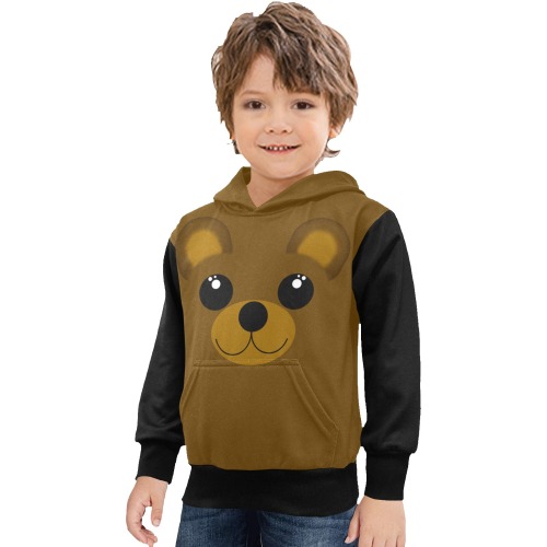 Kawaii Brown Bear / Black Little Boys' Long Sleeve Hoodie (Model H57)