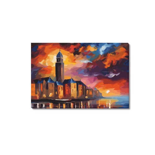 Fantasy city, tower, dramatic clouds, sea, sunset. Upgraded Canvas Print 18"x12"