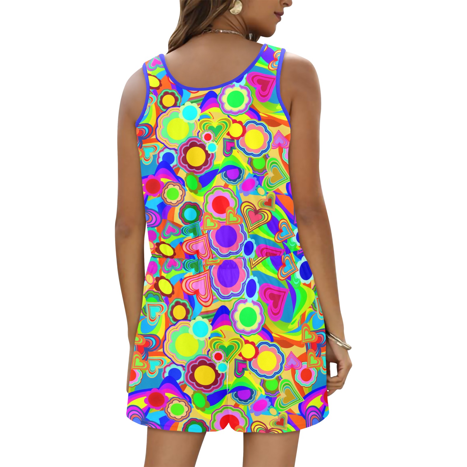 Groovy Hearts and Flowers All Over Print Vest Short Jumpsuit