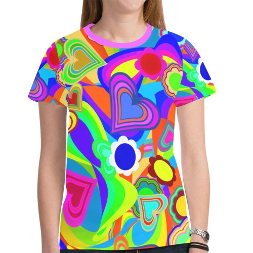 Groovy Hearts Flowers New All Over Print T-shirt for Women (Model T45)