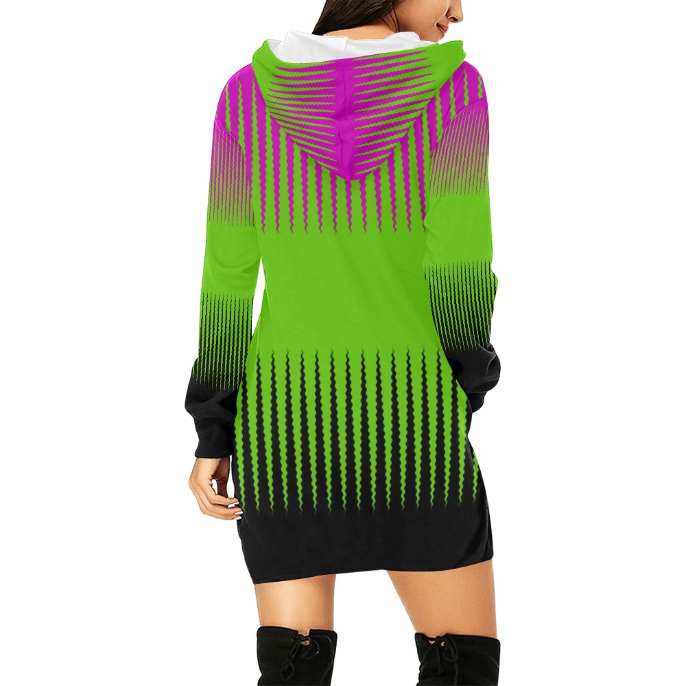 Wave Design Pink & Green All Over Print Hoodie Mini Dress (Model H27)