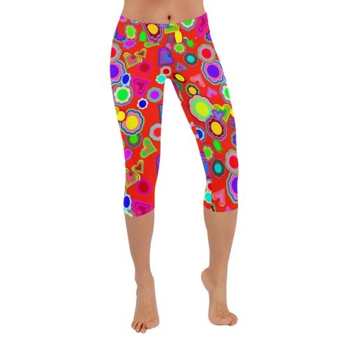Groovy Hearts and Flowers Red Women's Low Rise Capri Leggings (Invisible Stitch) (Model L08)