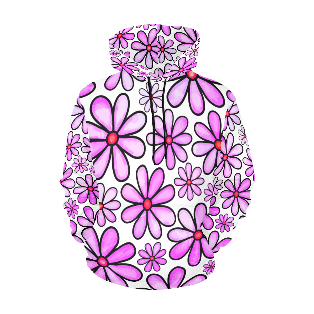 Pink Watercolor Doodle Daisy Flower Pattern All Over Print Hoodie for Women (USA Size) (Model H13)
