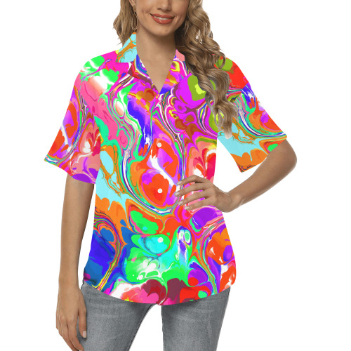 Psychedelic Abstract Marble Artistic Dynamic Paint Art All Over Print Hawaiian Shirt for Women (Model T58)