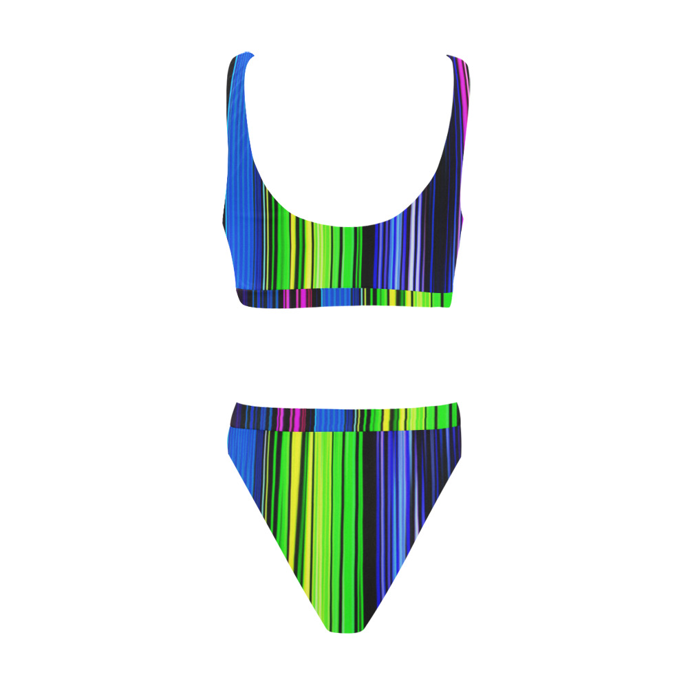 A Rainbow Of Stripes Sport Top & High-Waisted Bikini Swimsuit (Model S07)