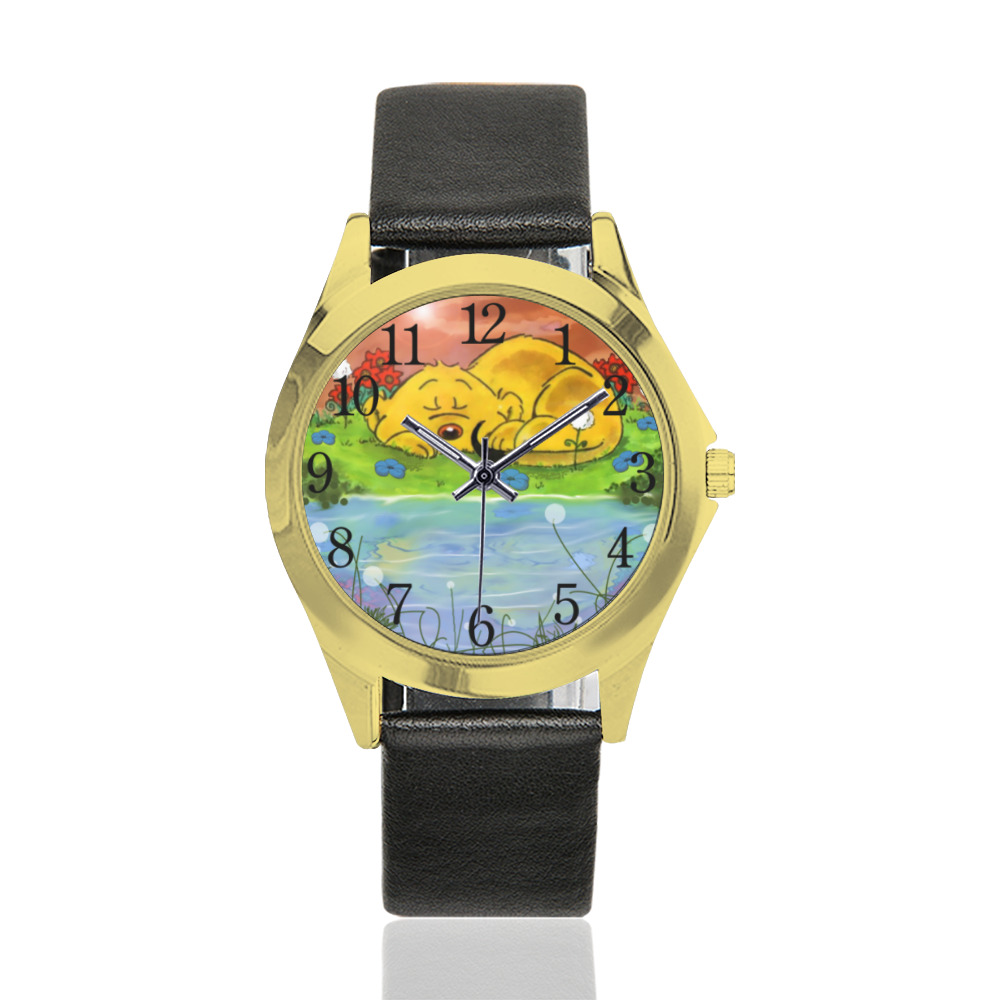 Ferald Napping By The Sunflowers Unisex Silver-Tone Round Leather Watch (Model 216)
