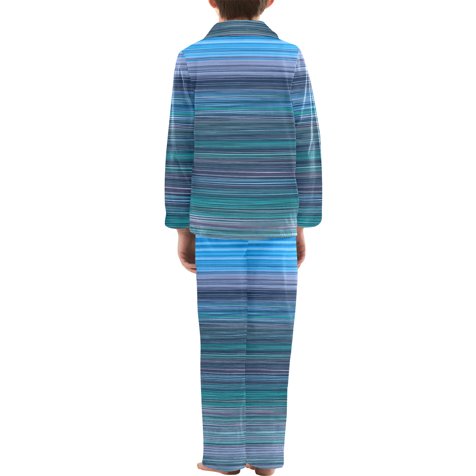 Abstract Blue Horizontal Stripes Big Boys' V-Neck Long Pajama Set