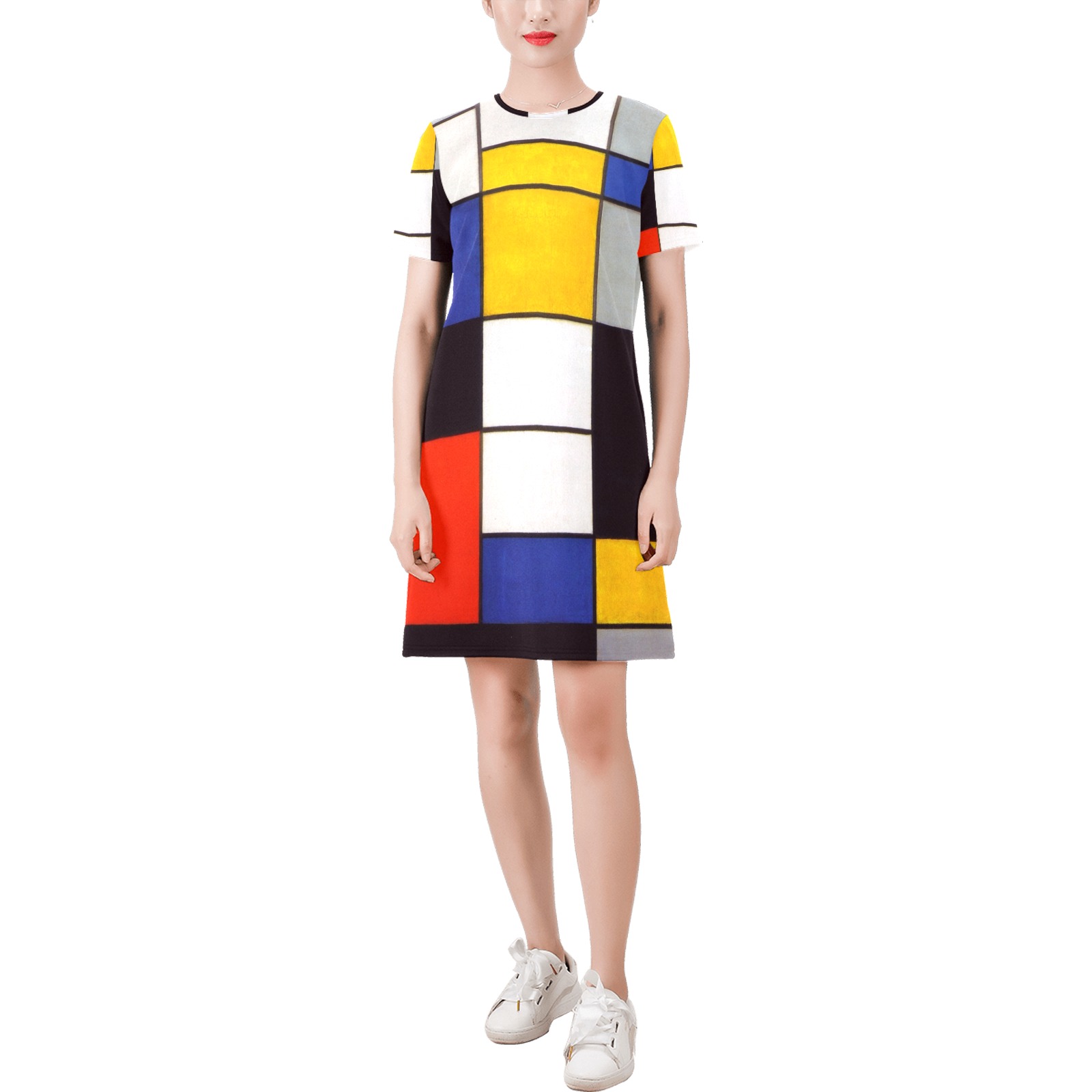 Composition A by Piet Mondrian Short-Sleeve Round Neck A-Line Dress (Model D47)
