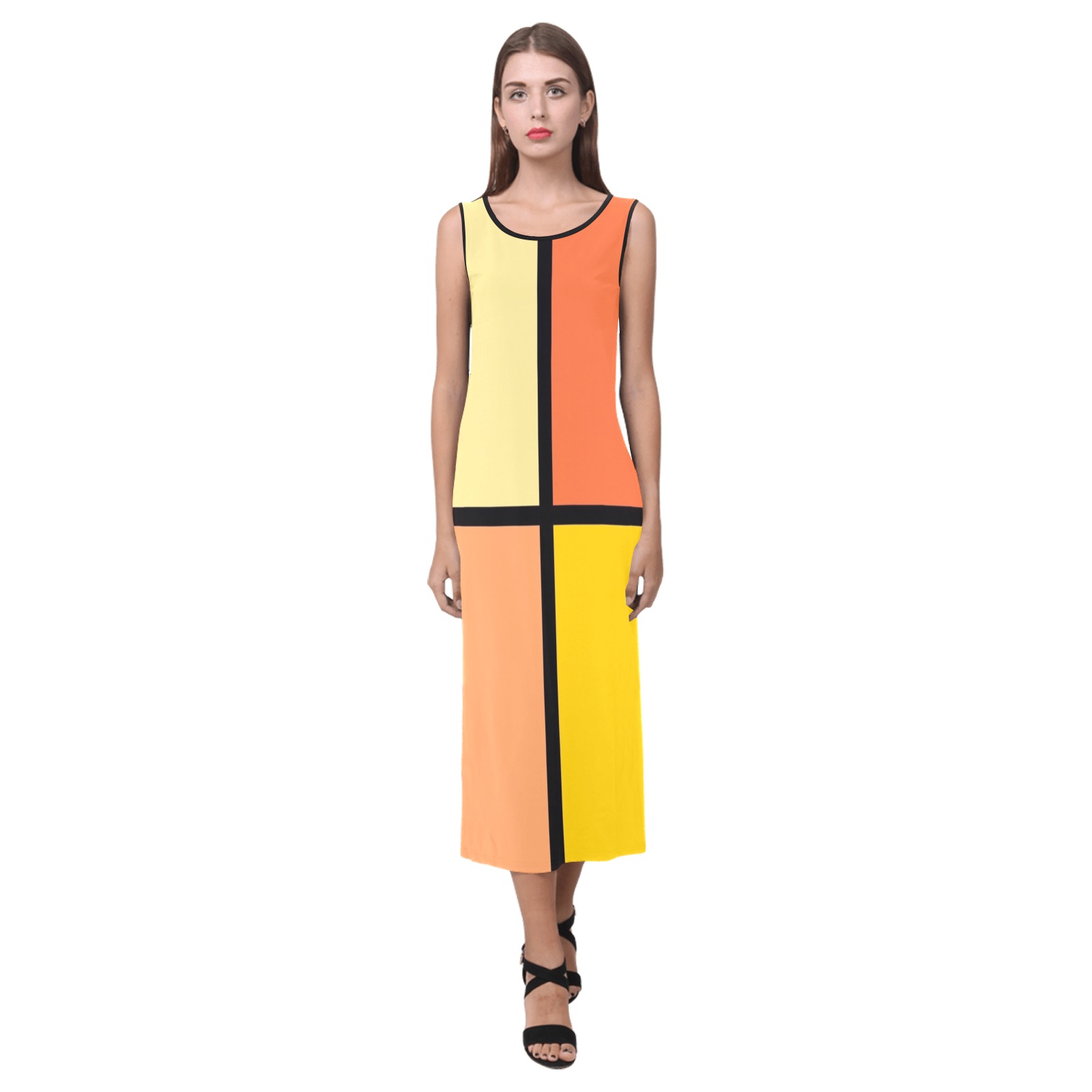 Citrus Orange and Yellow Squares Phaedra Sleeveless Open Fork Long Dress (Model D08)