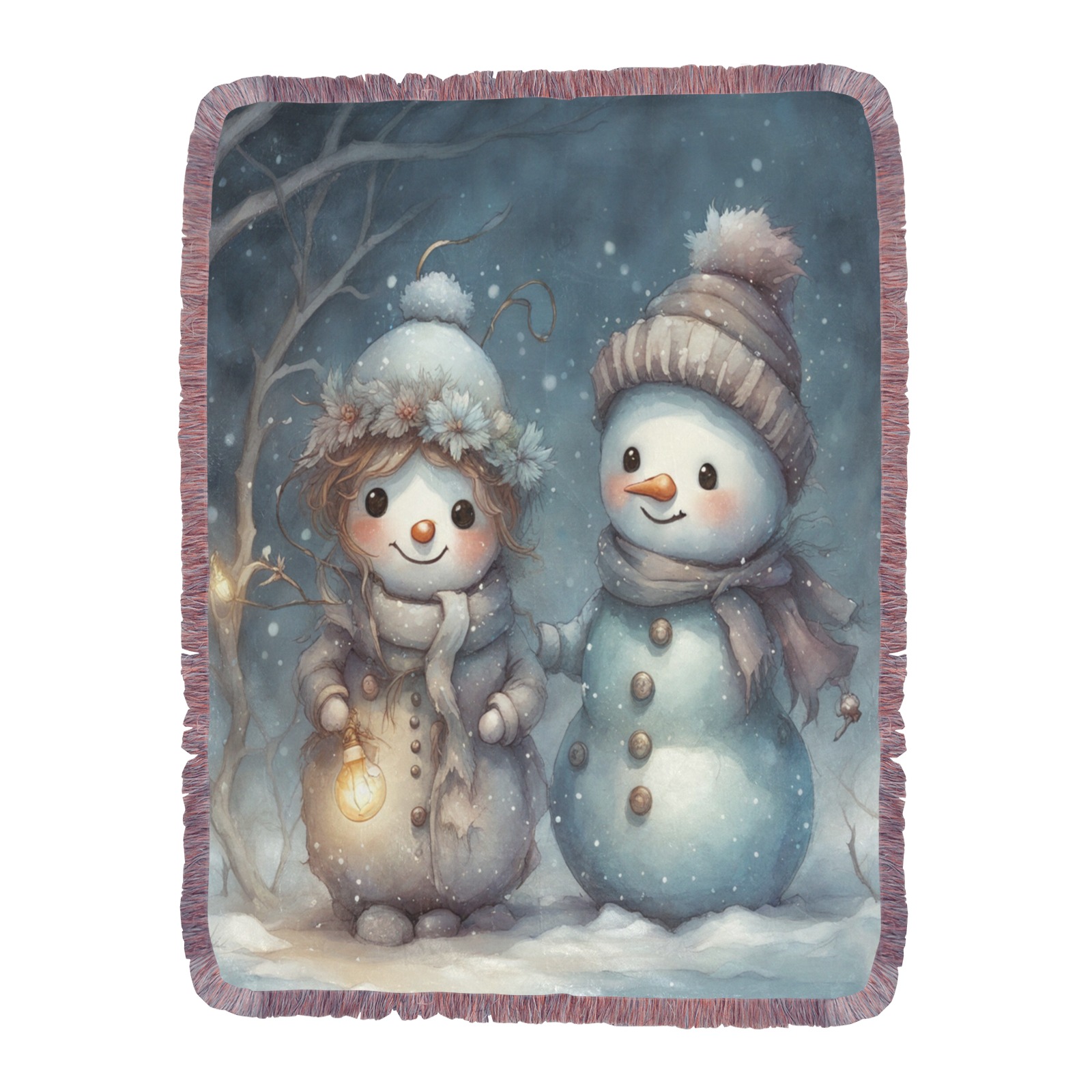 Snowman Couple Ultra-Soft Fringe Blanket 60"x80" (Mixed Pink)