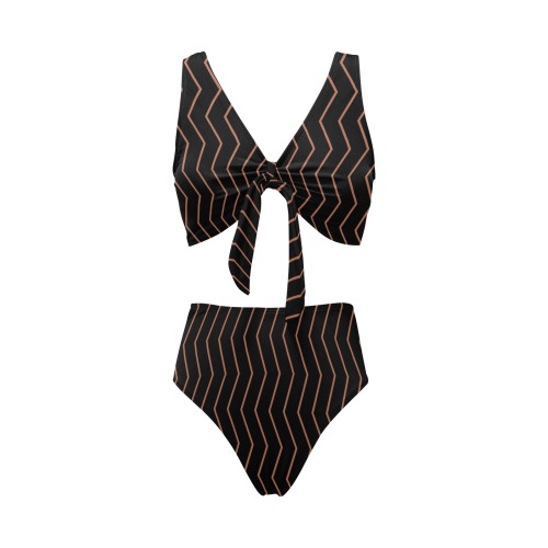 Black tan brown chevron vertical lines pattern Chest Bowknot Bikini Swimsuit (Model S33)