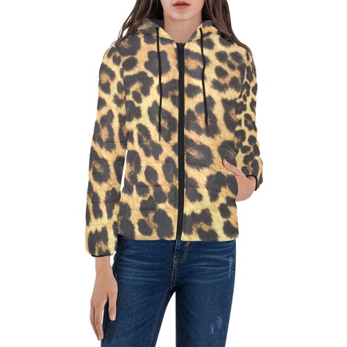Cheeta Print Women's Padded Hooded Jacket (Model H46)