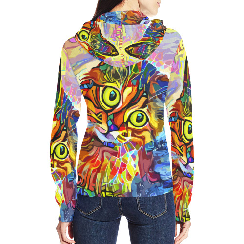Abstract Cat Face Artistic Pet Portrait Painting All Over Print Full Zip Hoodie for Women (Model H14)