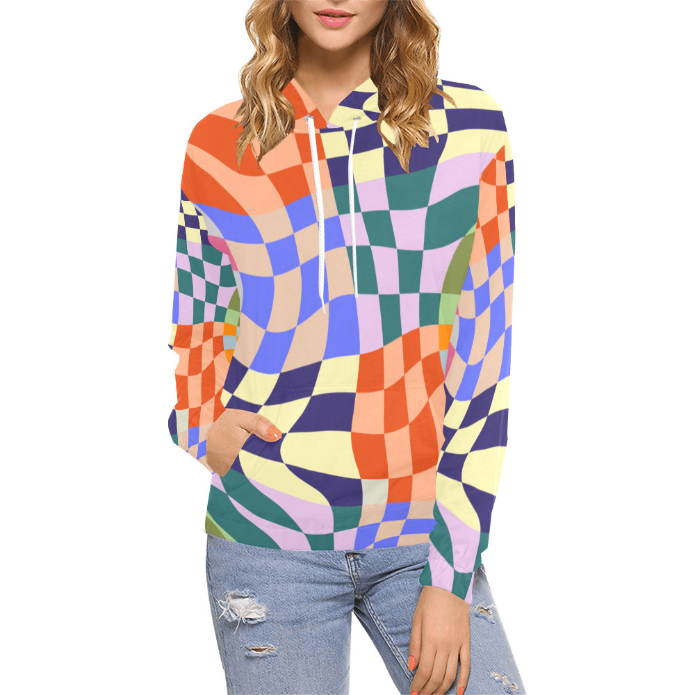 Wavy Groovy Geometric Checkered Retro Abstract Mosaic Pixels All Over Print Hoodie for Women (USA Size) (Model H13)