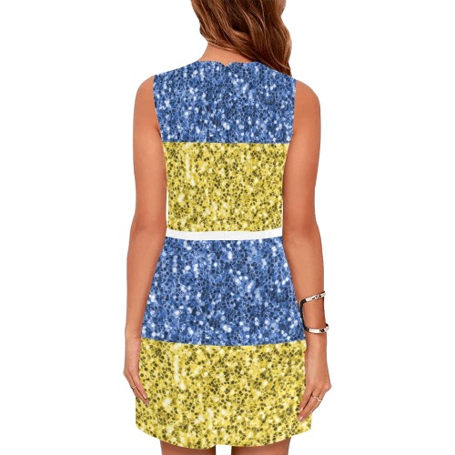 Blue yellow Ukraine flag glitter faux sparkles Eos Women's Sleeveless Dress (Model D01)
