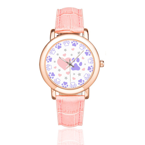 Pink and Purple Dog Cat Pet Lovers Hearts and Stars Paw Print Design Women's Rose Gold Leather Strap Watch(Model 201)