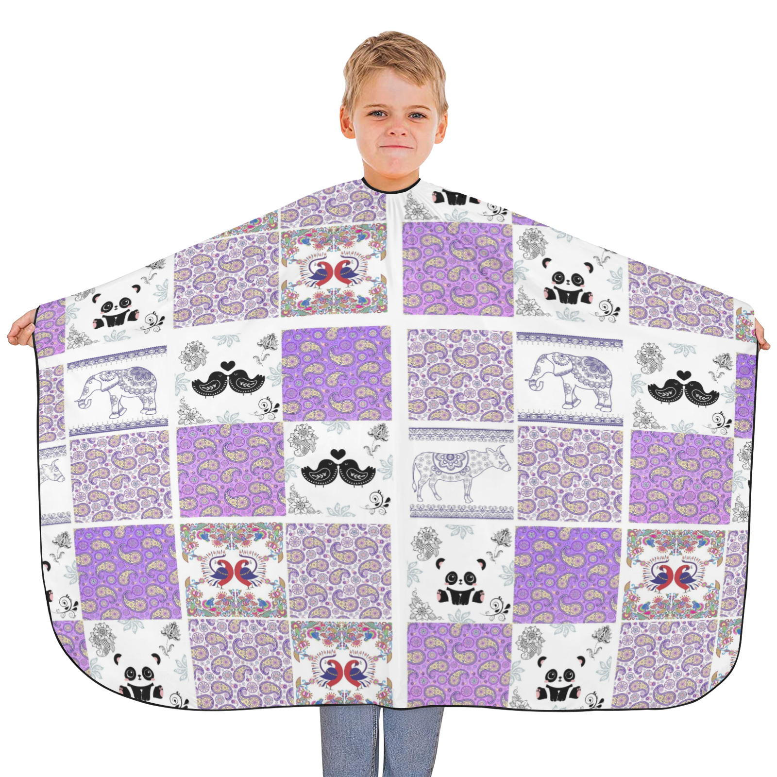Purple Paisley Birds and Animals Patchwork Design Hair Cutting Cape for Kids