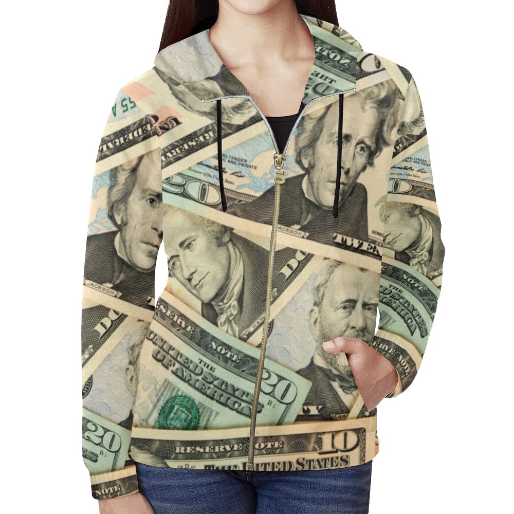 US PAPER CURRENCY All Over Print Full Zip Hoodie for Women (Model H14)