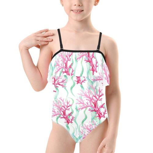 Watercolor coral Kids' Spaghetti Strap Ruffle Swimsuit (Model S26)