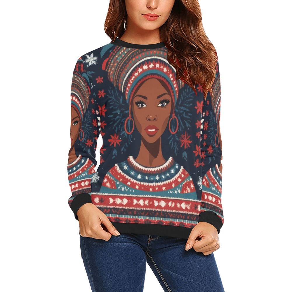 Pretty African American woman and stylish pattern. All Over Print Crewneck Sweatshirt for Women (Model H18)