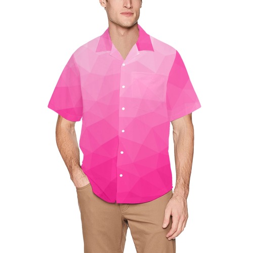 Hot pink gradient geometric mesh pattern Hawaiian Shirt with Chest Pocket (Model T58)