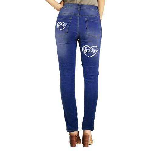 I love music, violin clef, notes, heart in white. Women's Jeans (Front&Back Printing)