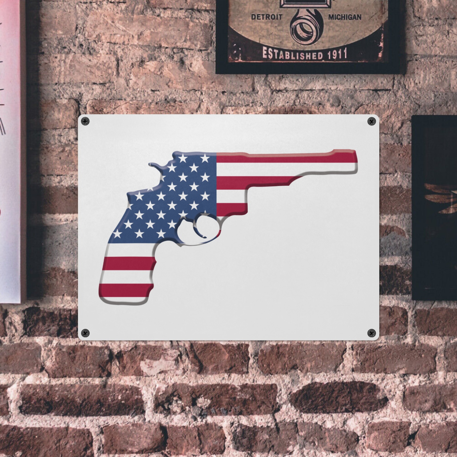 Revolver decorated with the American flag art. Metal Tin Sign 16"x12"