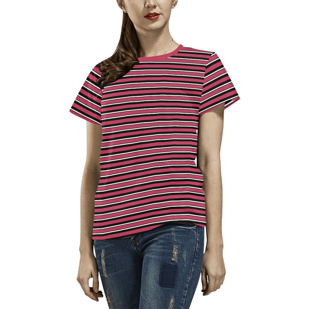 Magenta, Black and White Stripes All Over Print T-Shirt for Women (USA Size) (Model T40)