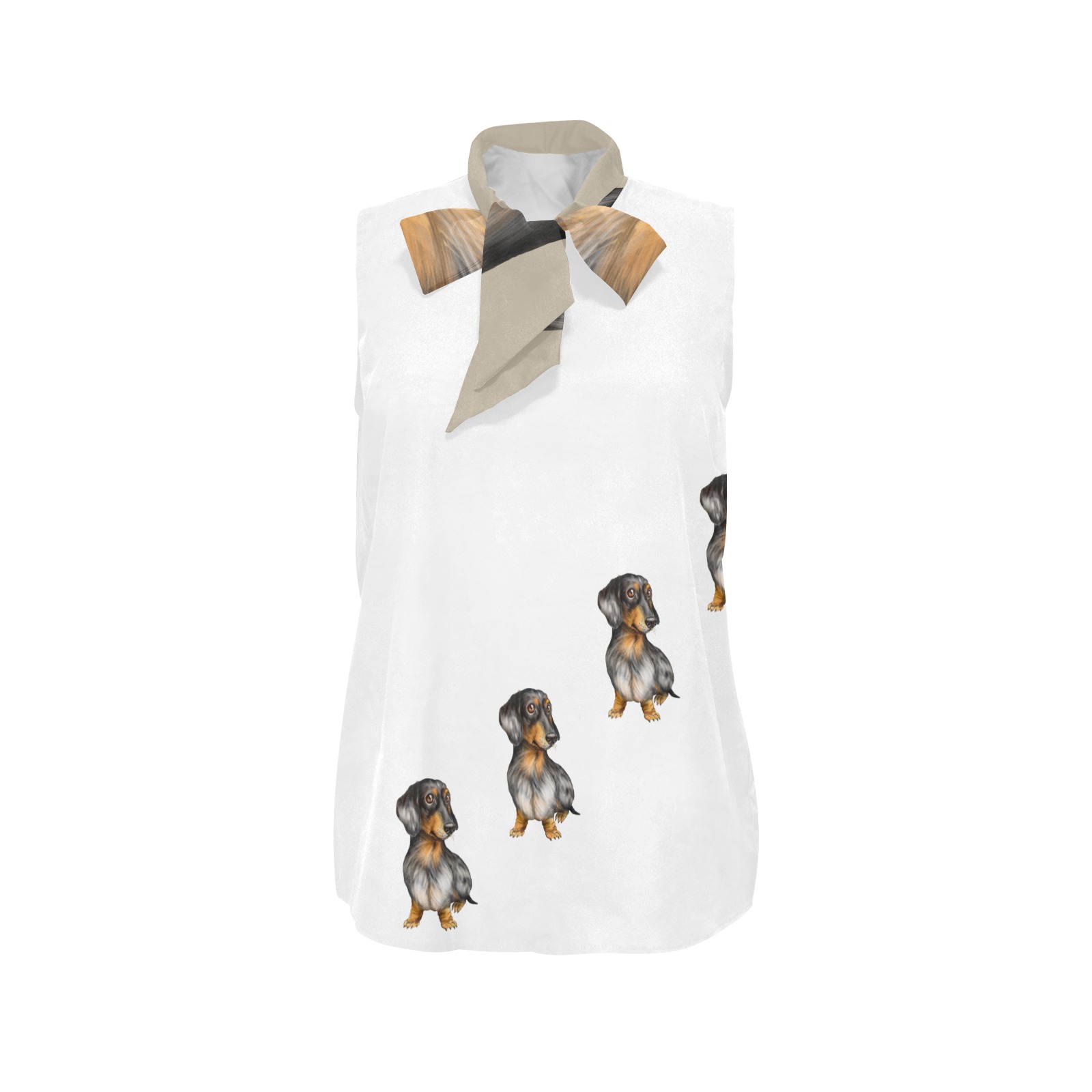 Dachshunds - white tan Women's Bow Tie V-Neck Sleeveless Shirt (Model T69)