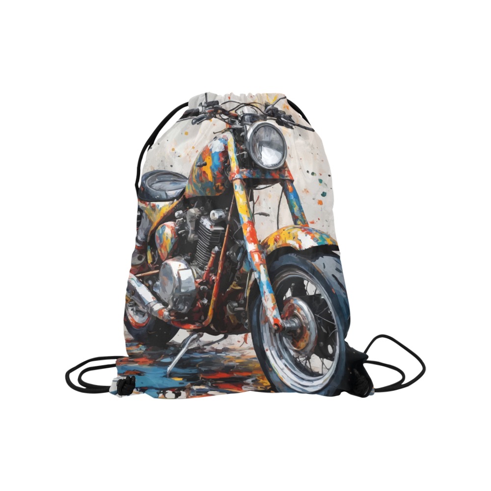 Cool vintage motorbike and splatters of colors art Medium Drawstring Bag Model 1604 (Twin Sides) 13.8"(W) * 18.1"(H)