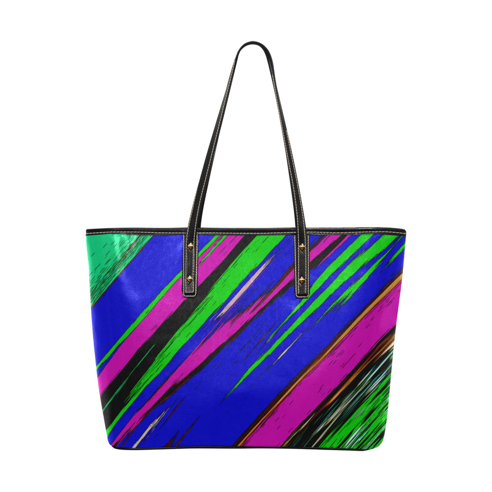 Diagonal Green Blue Purple And Black Abstract Art Chic Leather Tote Bag (Model 1709)