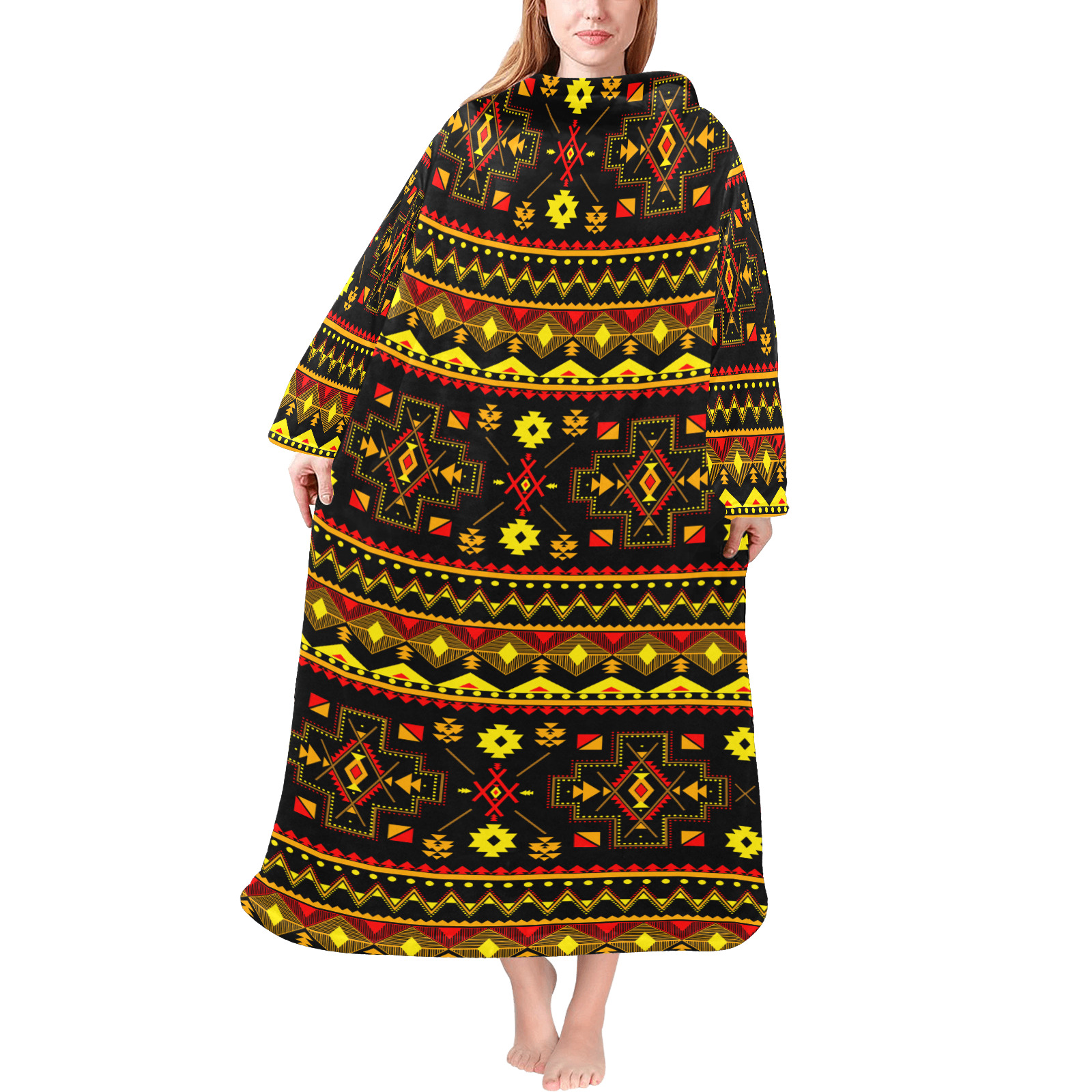 Aboriginal Ethnic Tribal Pattern Blanket Robe with Sleeves for Adults