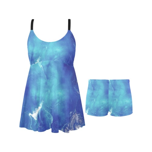 Encre Bleu Photo Chest Pleat Swim Dress (Model S31)
