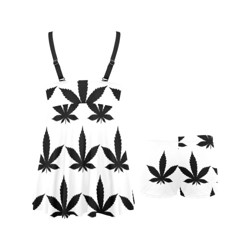 Marijuana leaf black Chest Pleat Swim Dress (Model S31)