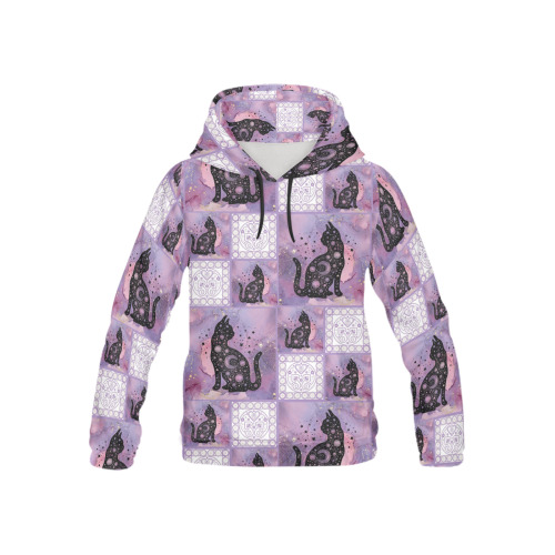 Purple Cosmic Cats Patchwork Pattern All Over Print Hoodie for Kid (USA Size) (Model H13)