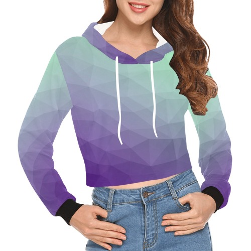 Purple green ombre gradient geometric mesh pattern All Over Print Crop Hoodie for Women (Model H22)